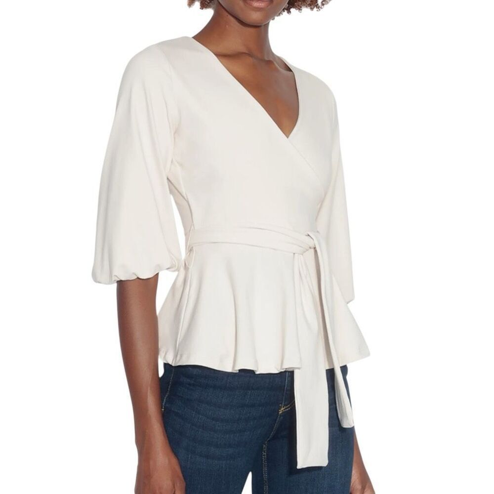 NEW Susana‎ Monaco Puff Sleeve Faux Wrap Top Blanched Almond XS